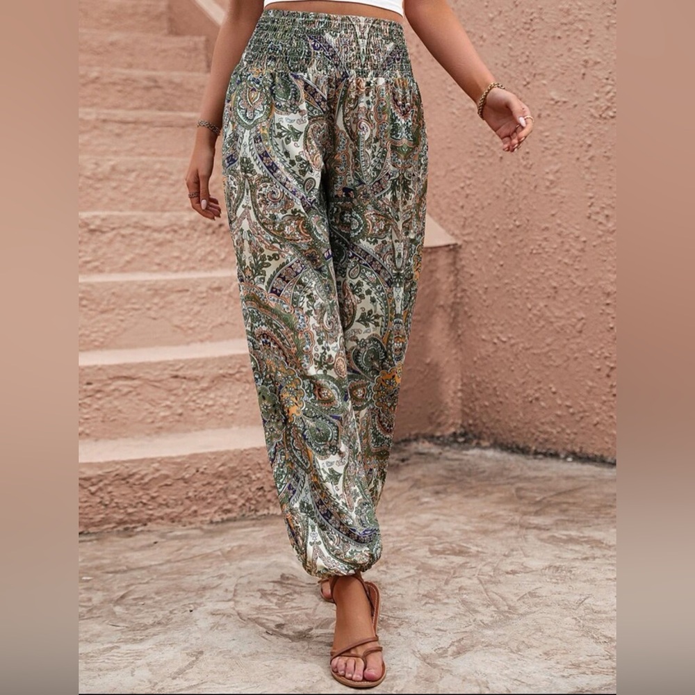 SHEIN Paisley Print Ruched Waist Boho Jogger Elastic Pants Comfy Lightweight